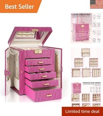 Lockable 6-Tier Jewelry Box with 5 Drawers & Mirror – Elegant Rose Gold Design