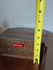 Vintage Wood Jewelry box with red handle and red engraved stripes