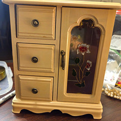 Mele Beige Wood Jewelry Box Cabinet 3 Drawers Floral Glass Door Felt Lined