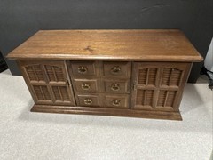 Wood Jewelry Box VTG 70s Japan MCM 2 Shutter Style Doors 8 Drawers Dresser 18”