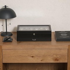 12-Slot Matte Black Watch Box with Valet Drawer – Matte Black / Grey Carbon