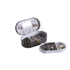 9.5″ Long Leather Jewelry Organizer Case with Mirror, Gold Swirl Pattern, Black