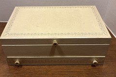 Vintage Mele 1950s Cream Jewelry Box 3 Tier Gold Trim Red Velvet Lined