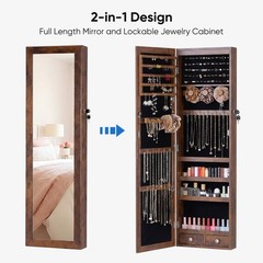 JHK Full Length Mirror Jewelry Cabinet w/ 6 LED Lights,Wall Mounted/Door Hanging