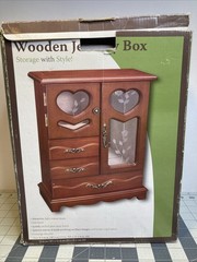 Vintage Wooden Jewelry Box Armoire Etched Glass Doors Drawers Mirror Hearts