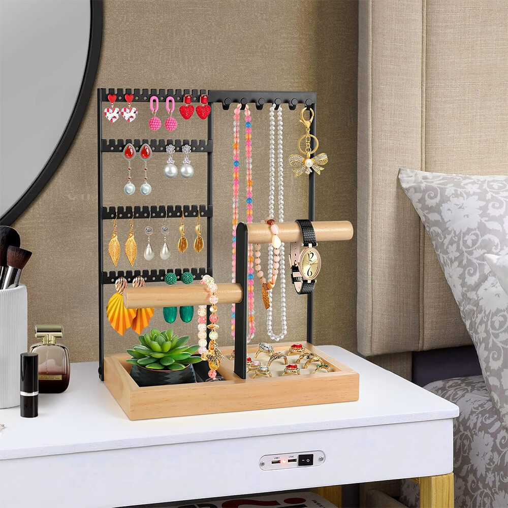 4-Tier Jewelry Holder Organizer with 48 Holes for Earing & 6 Hooks for Necklace
