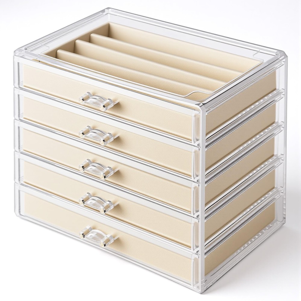 kenaeooe 5 Drawer Acrylic Necklace Holder Organizer, Clear Transparent