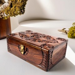 Hand Carved Rosewood Jewelry Box 11″x7″x4″ – Floral Design, Velvet Lined, NEW
