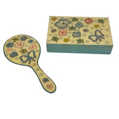 Vintage Antique Painted Wood Jewelry Box with Matching Hand Mirror Floral