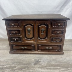 Vintage Wood Jewelry Box/Chest 11 Drawers With Doors Yellow Velvet Lining Heavy