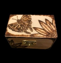 Butterfly and Sunflower Small Wooden Jewelry Box with the Art of Pyrography