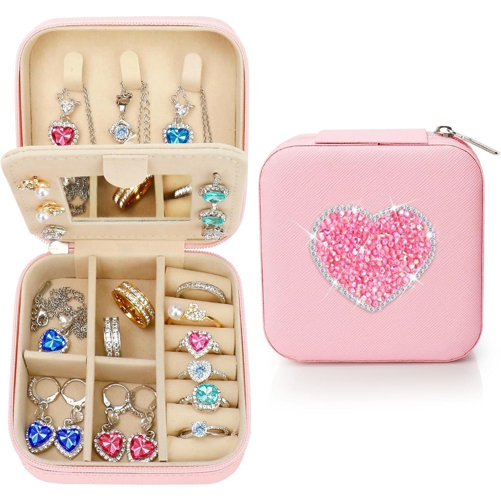 Sparkly Heart Rhinestone Jewelry Box for Girls Women,Glittering Travel Jewelry