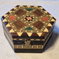 Vintage Painted Middle Eastern Style Wooden Jewelry Box Hexagon Mirror