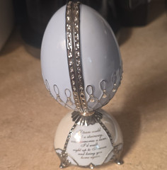 White Silver Egg-Shaped Ceramic/Metal Lined Jewelry Box Hinged Cross