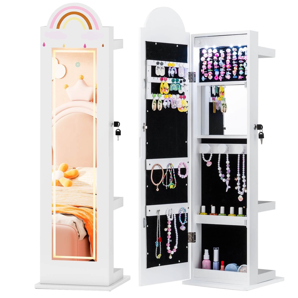 3 In 1 Kids Jewelry Cabinet w/3-Color Lighted Full Length Mirror, Clothes Rack