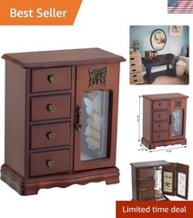 Elegant Brown Jewelry Storage Box with Built-in Mirror and Decorative Drawers
