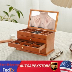 4 Layers Wooden Jewelry Storage Box Ring Earrings Organizer Case with Drawer
