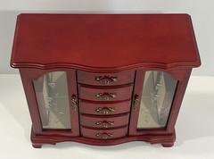 Vintage Wooden Jewelry Box 5 Drawers Cherry Finish Double Etched Glass Doors