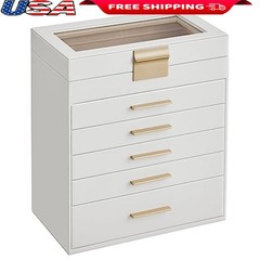 Jewelry Organizer Box 6 Layer Glass Lid 5 Drawer Storage Rings Necklaces Watches