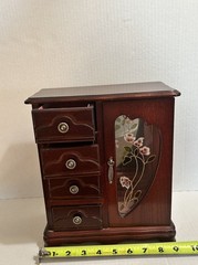 Wooden Jewelry Armoire Box 4 Drawers Necklace Carousel Ring Holder Floral Mirror