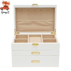 28CM Large Wooden Jewelry Storage Box White 3 Layers Organizer 2 Drawers Cabinet