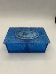 VTG~MCM Starburst Sm. Blue Trinket Jewelry Box W/Mirror~Tray~Butterflies On Lid