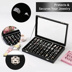Black 100 Slots Ring Organizer Box,Ring Display Case Boxes with clear lid