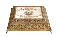 Gilt Filigree Jewelry Box Hand Painted Porcelain Oval Plaque