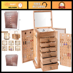 Large 7-Layer Wooden Jewelry Box Organizer with Mirror for Earrings, Bracelets,
