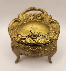 Vintage Art Nouveau Gold Tone Painted Cast Metal CASKET JEWELRY BOX