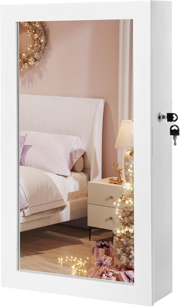 Wall-Mounted Jewelry Cabinet with Mirror – Rustic White Lockable