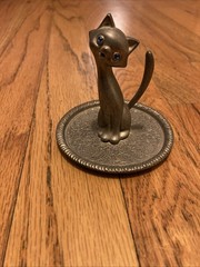 Vintage EP Zinc Alloy SILVER Plated Cat Kitty Kitten Ring Holder BLUE EYES