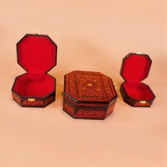 Set of 3 Red Naqshi Jewelry Boxes Handmade MDF Wooden Gift Storage Set