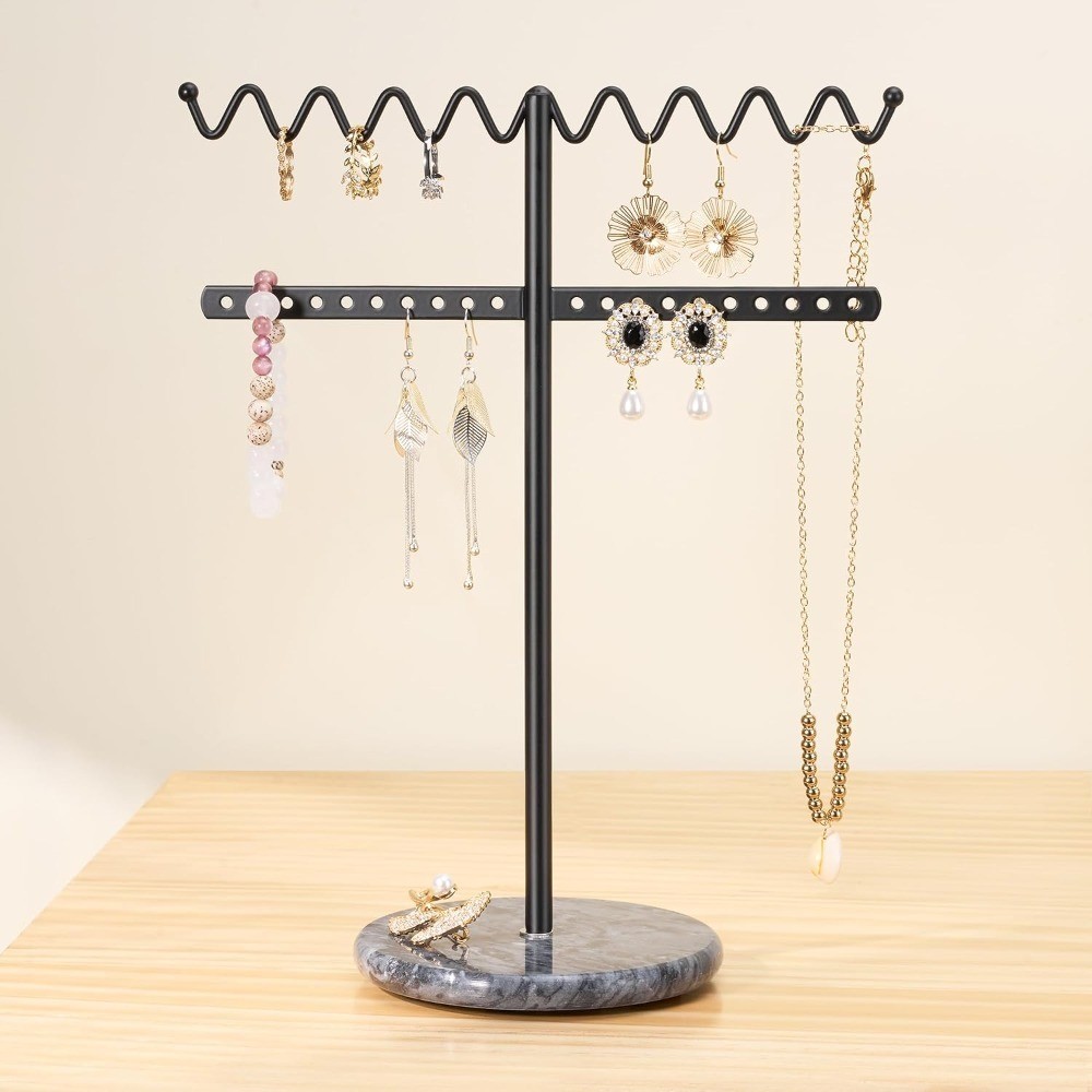 Jewelry Stand Necklace Holder, Black Metal Jewelry Organizer with Wavy Necklace