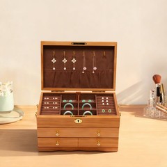 Wooden Jewelry Box 3-tier Lockable Jewelry Organizer Vintage Style Storage Box