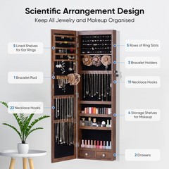 JHK Full Length Mirror Jewelry Cabinet w/ 6 LED Lights,Wall Mounted/Door Hanging