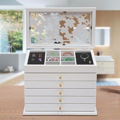 6-Layer White Jewelry Boxes Ring Necklace Storage Large-Capacity Wooden Box Case
