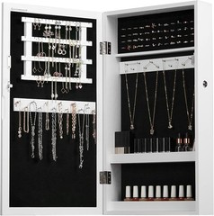 Wall-Mounted Jewelry Cabinet with Mirror – Rustic White Lockable