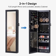JHK Full Length Mirror Jewelry Cabinet w/ 6 LED Lights,Wall Mounted/Door Hanging