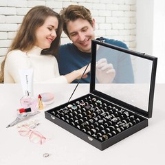 Black 100 Slots Ring Organizer Box,Ring Display Case Boxes with clear lid