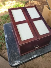 Wood Jewelry Box Organizer w/ Glass Top, Brown, Multiple Compartments