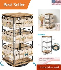 Stylish 360° Rotating Wooden Earring Display Stand with 48 Hooks, Rustic Finish