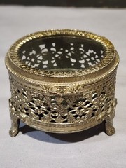 Vintage Small Round Beveled Glass Ornate Filigree Brass Casket Jewelry Box
