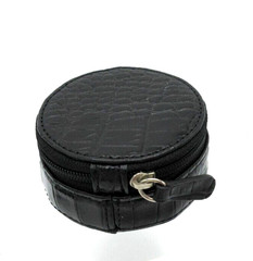Jewelry Trinket Case Travel Leather 3″ Round Zipper Crocodile Embossed BLACK
