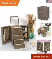 Large Capacity Organizer Jewelry Box with Mirror – 4 Drawers & Rustic Wood