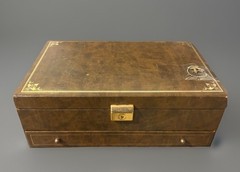 Vintage Brown Faux Leather Jewelry Box Lockable Drawer Removable Tray Satin