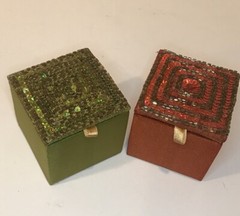 Lot 2 Trinket / Gift / Jewelry Box Sequin Silk Fabric INDIA Green/Dark Orange