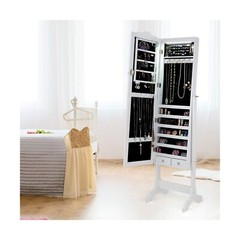HOMGX (White 14 LEDs Mirror Wood Cabinet, Lockable Standing Armoire with Key,…
