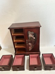 Wooden Jewelry Armoire Box 4 Drawers Necklace Carousel Ring Holder Floral Mirror