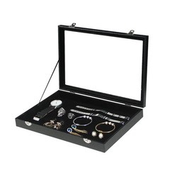 Jewelry Organizer Box, Black Velvet Blank Display Tray Case with Lid for Stor…